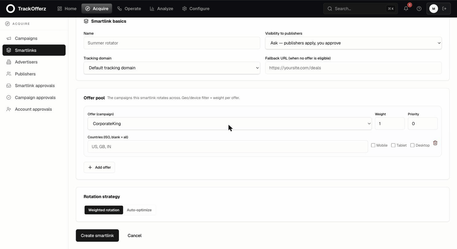 The offer pool and rotation strategy controls, with Weighted rotation and Auto-optimize options