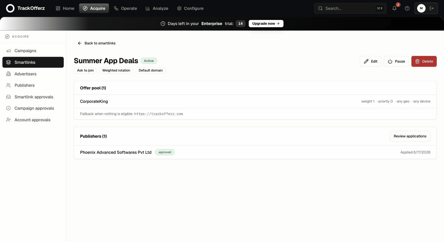 A smartlink detail page showing the offer pool, fallback URL, and an approved publisher